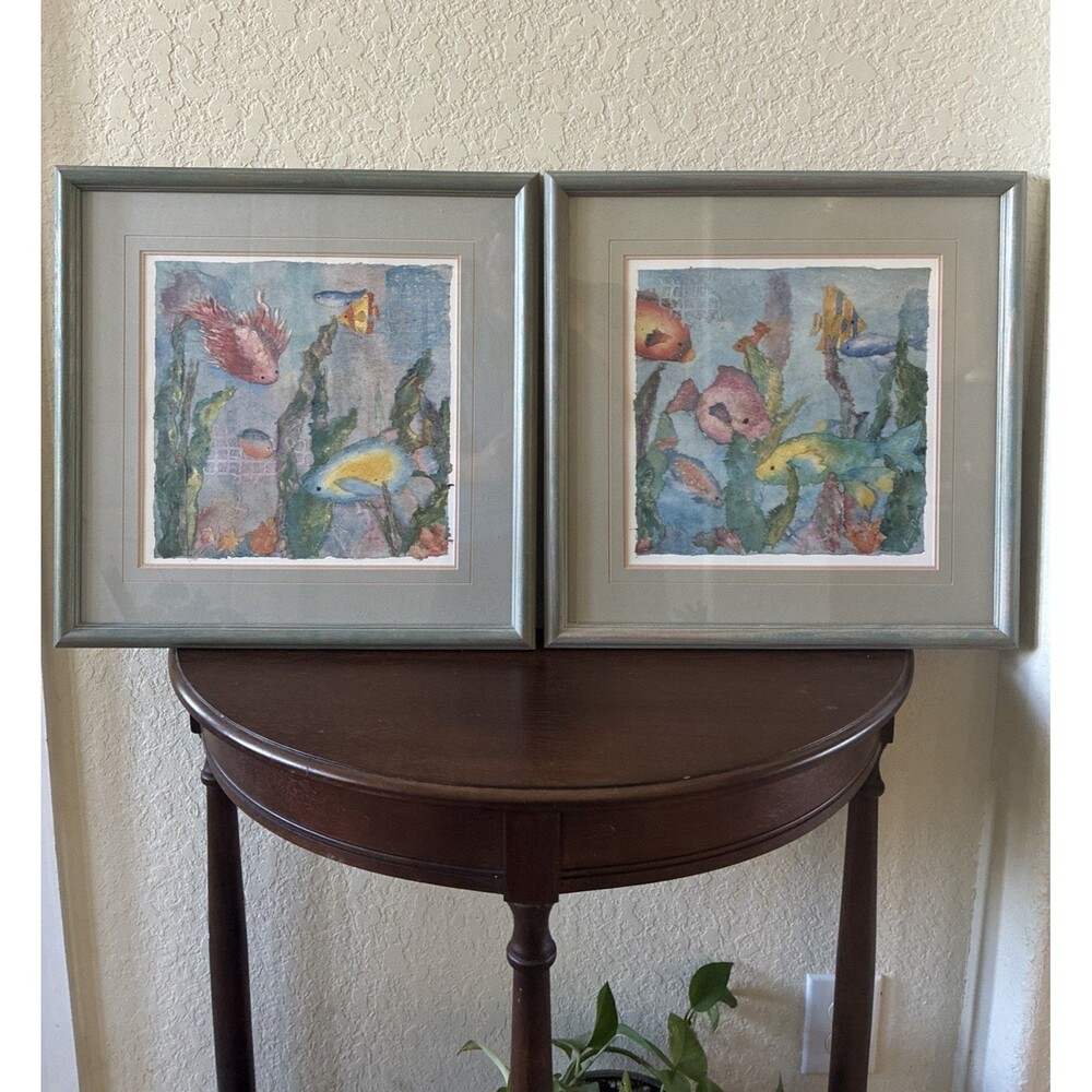 Vintage Set of 2 1999 Fins And Scales By LINN DONE, Artwork Bathroom Aquarium